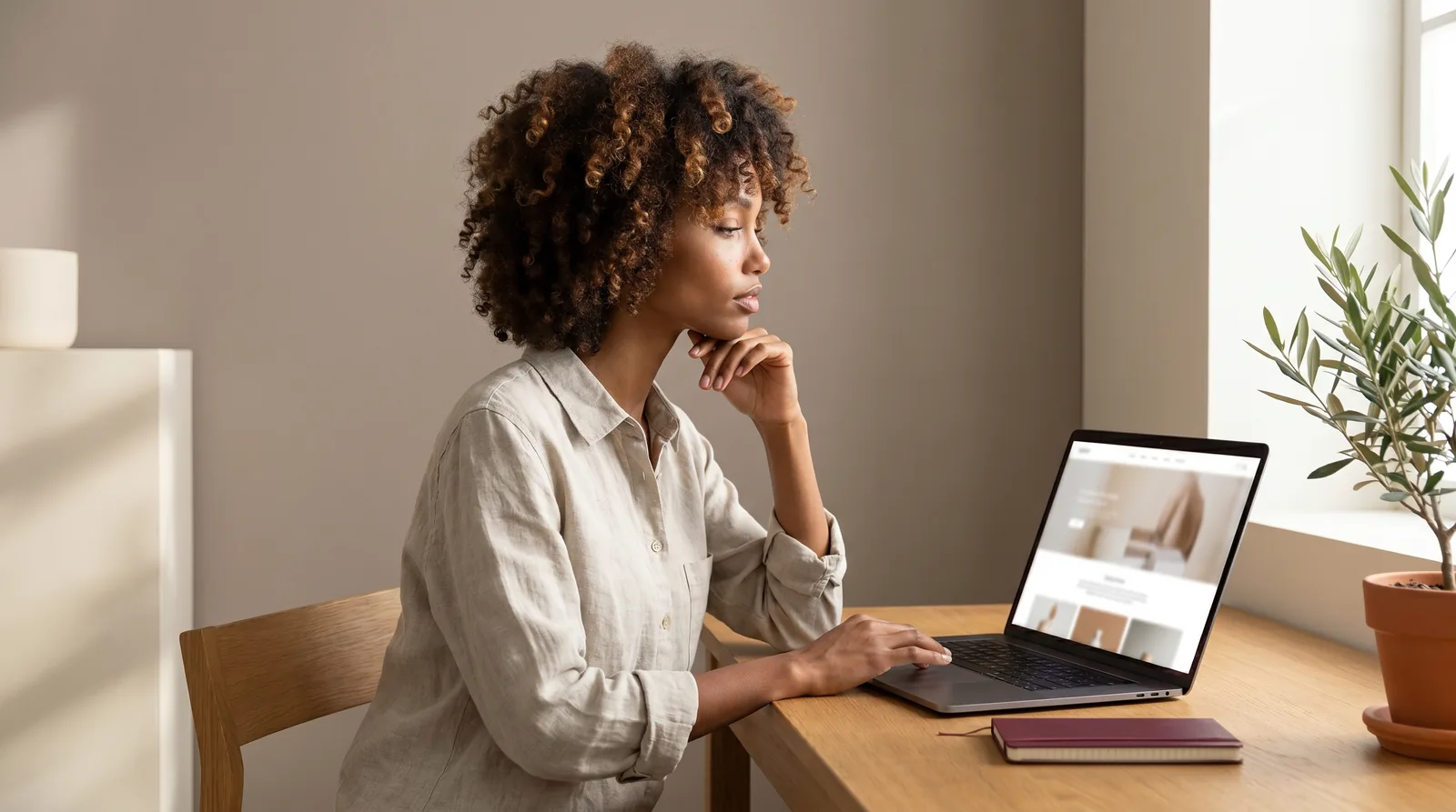 Business owner reviewing her redesigned Squarespace website on a laptop