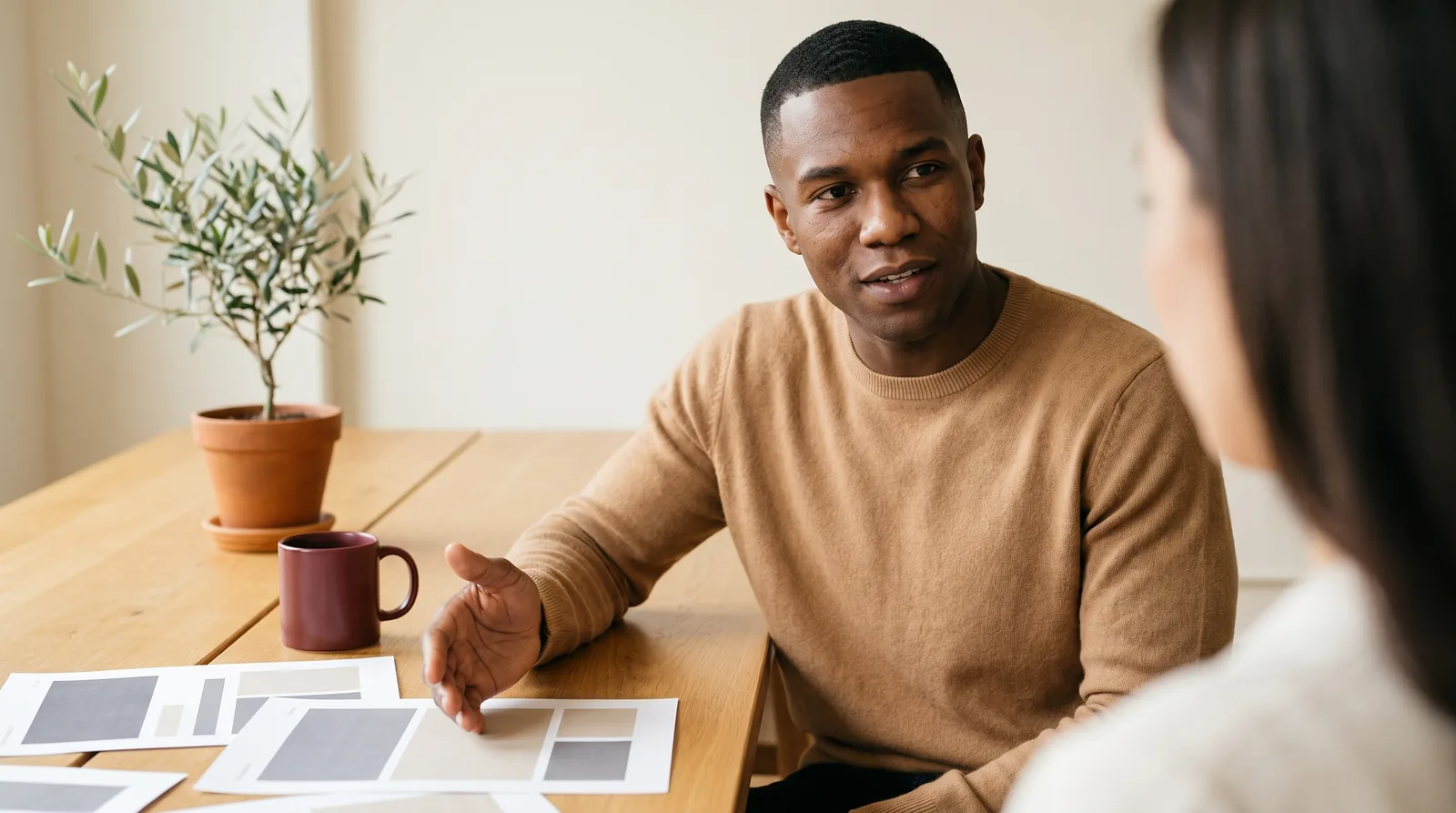 Website strategist talking through a Squarespace project direction with a client at a studio table