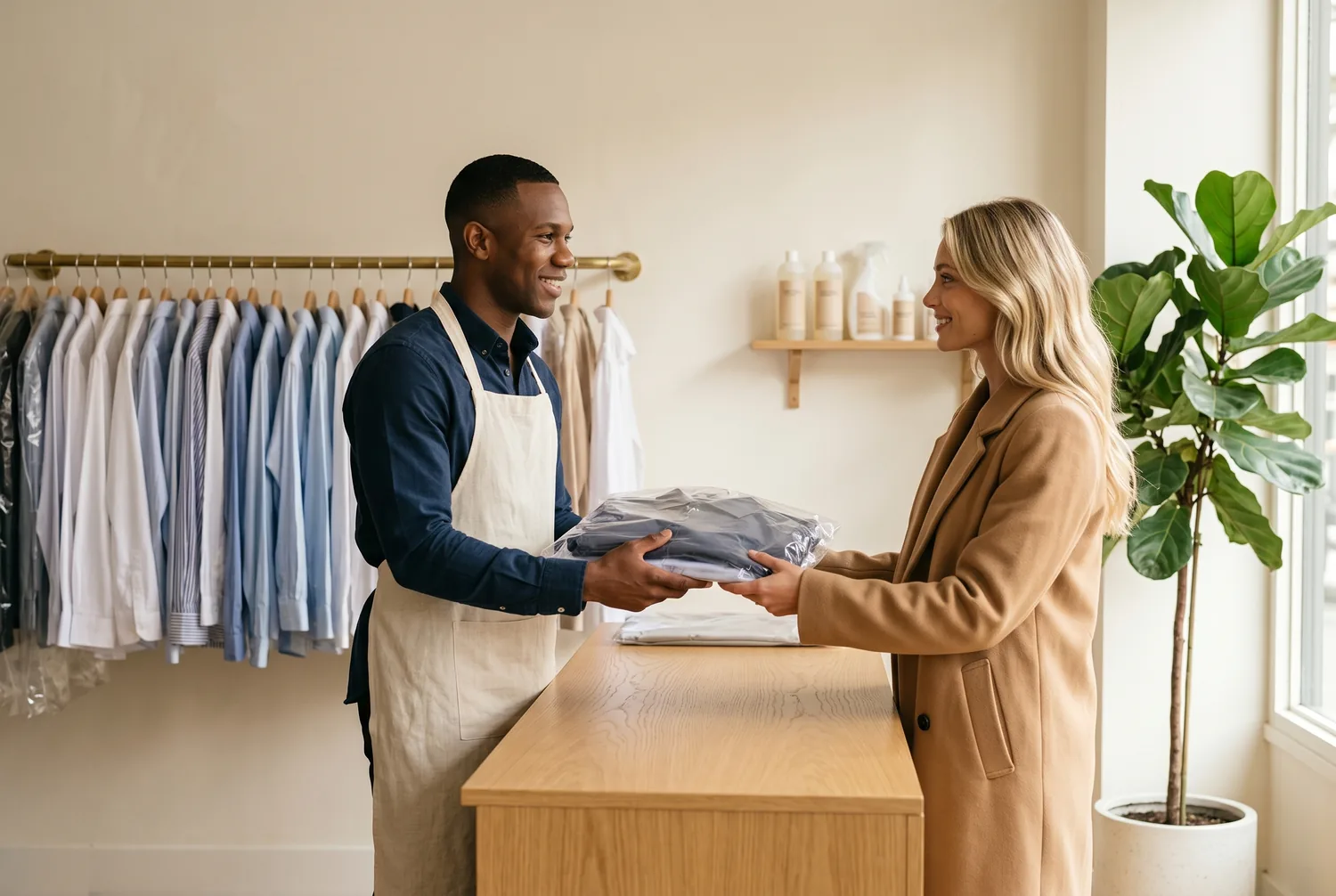 A dry-cleaning shop owner in a cream apron handing freshly pressed garments in clear covers across the counter to a customer in a warm, premium boutique dry cleaner