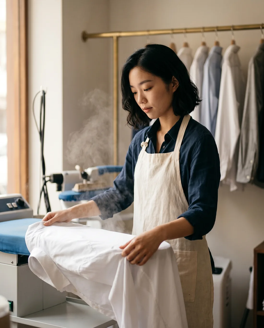 A dry-cleaning professional in a cream apron carefully steaming a crisp white shirt at a pressing station in a warm, premium dry cleaner