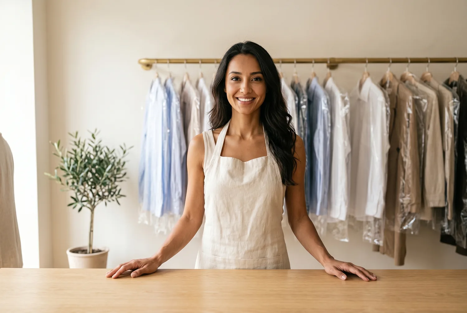 A dry-cleaning shop owner in a cream apron behind the counter of a warm, premium boutique dry cleaner, with freshly pressed shirts on a rail behind her