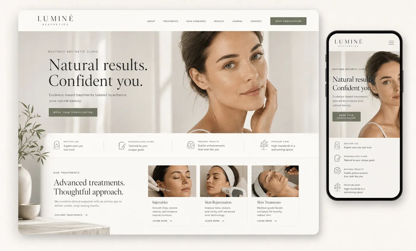 Aesthetic clinic Squarespace template on desktop and mobile — calm, premium layout for wellness and treatment-based businesses.
