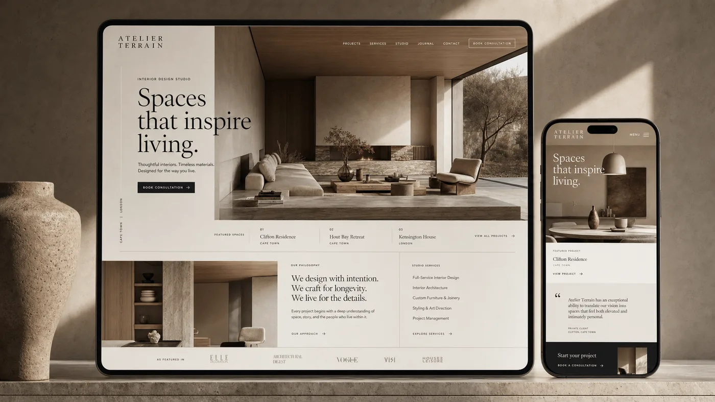 Atelier Terrain template — SQSP theme shown on tablet and smartphone with refined neutral interior design imagery.