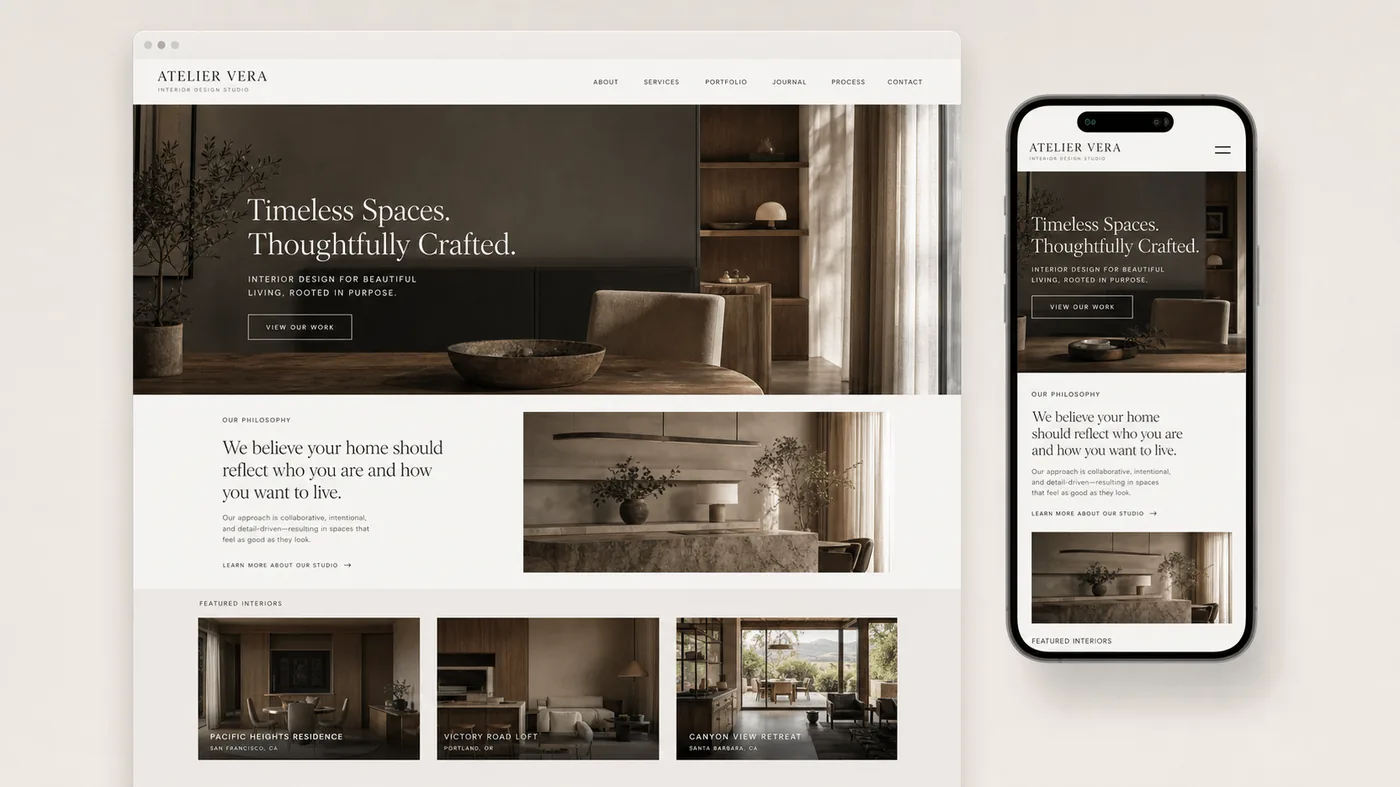 Atelier Vera template — minimalist Squarespace website on desktop and mobile with neutral interior design imagery and calm typography.