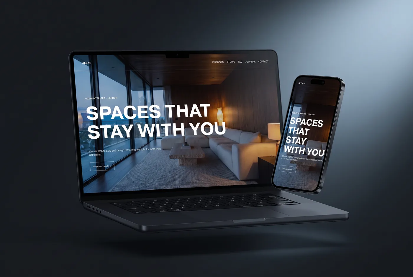 Basalt premium Squarespace template for interior designers shown on laptop and phone mockups against a neutral background