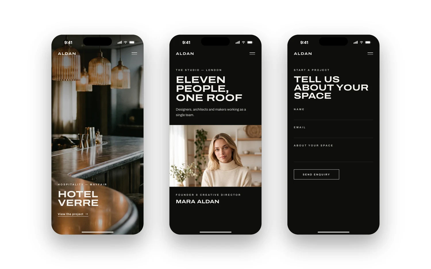 Three mobile screens of the Basalt template — a project page, the studio page and the contact form