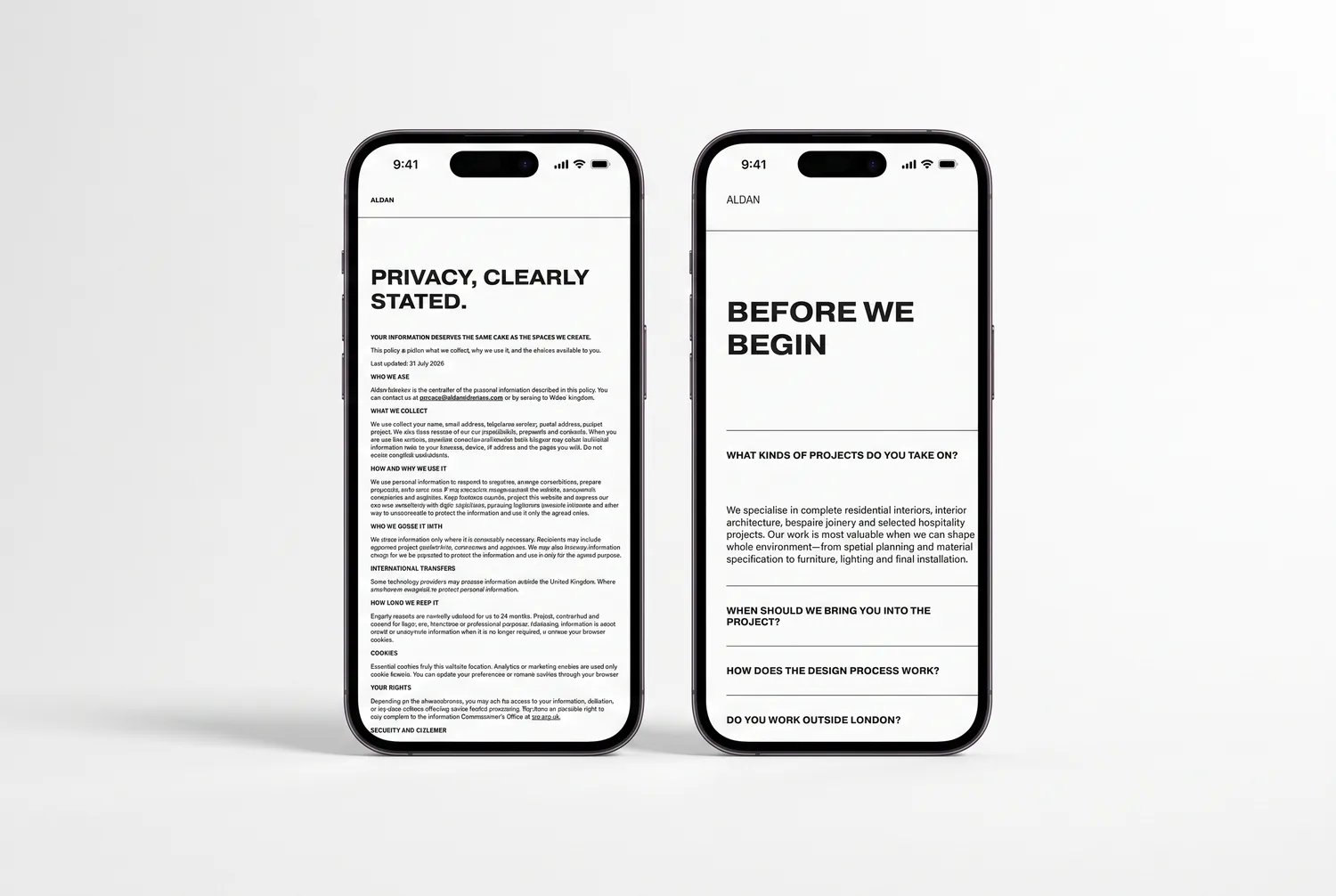 Responsive Basalt privacy policy and FAQ pages on mobile