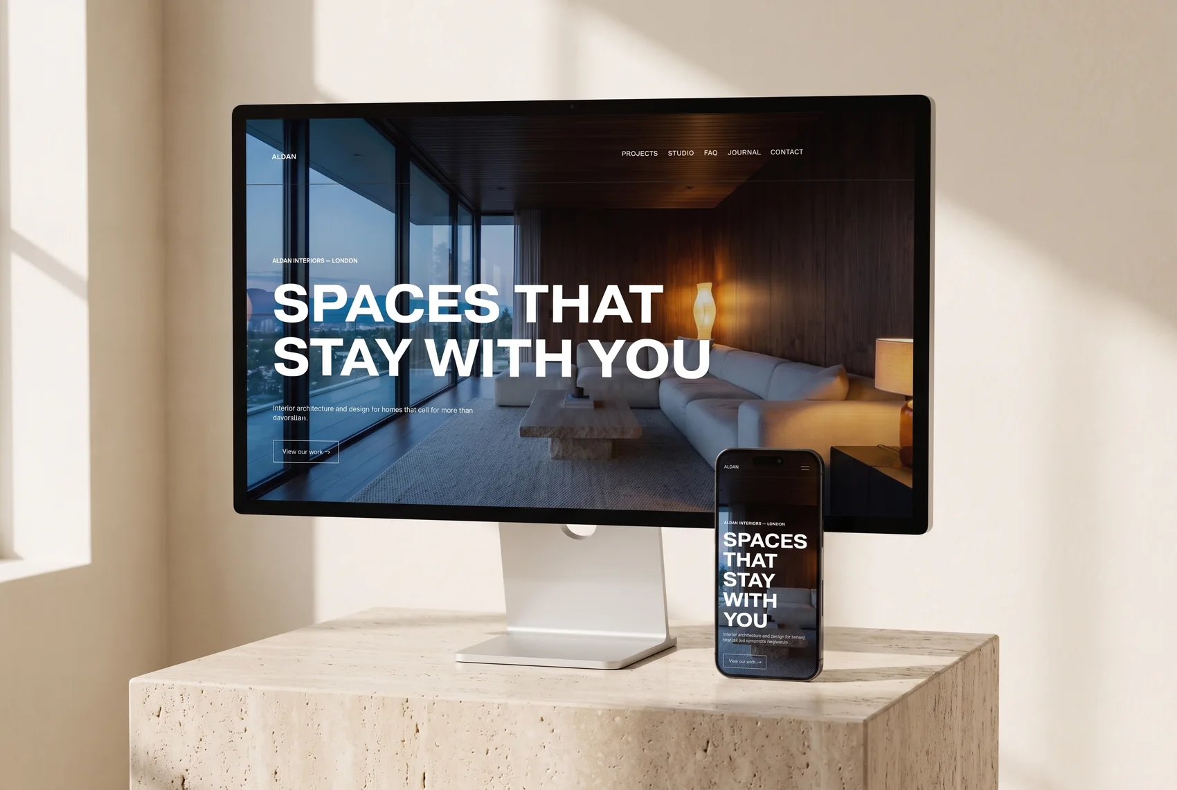 Basalt premium Squarespace template for interior design studios — image-led editorial layout in a device mockup