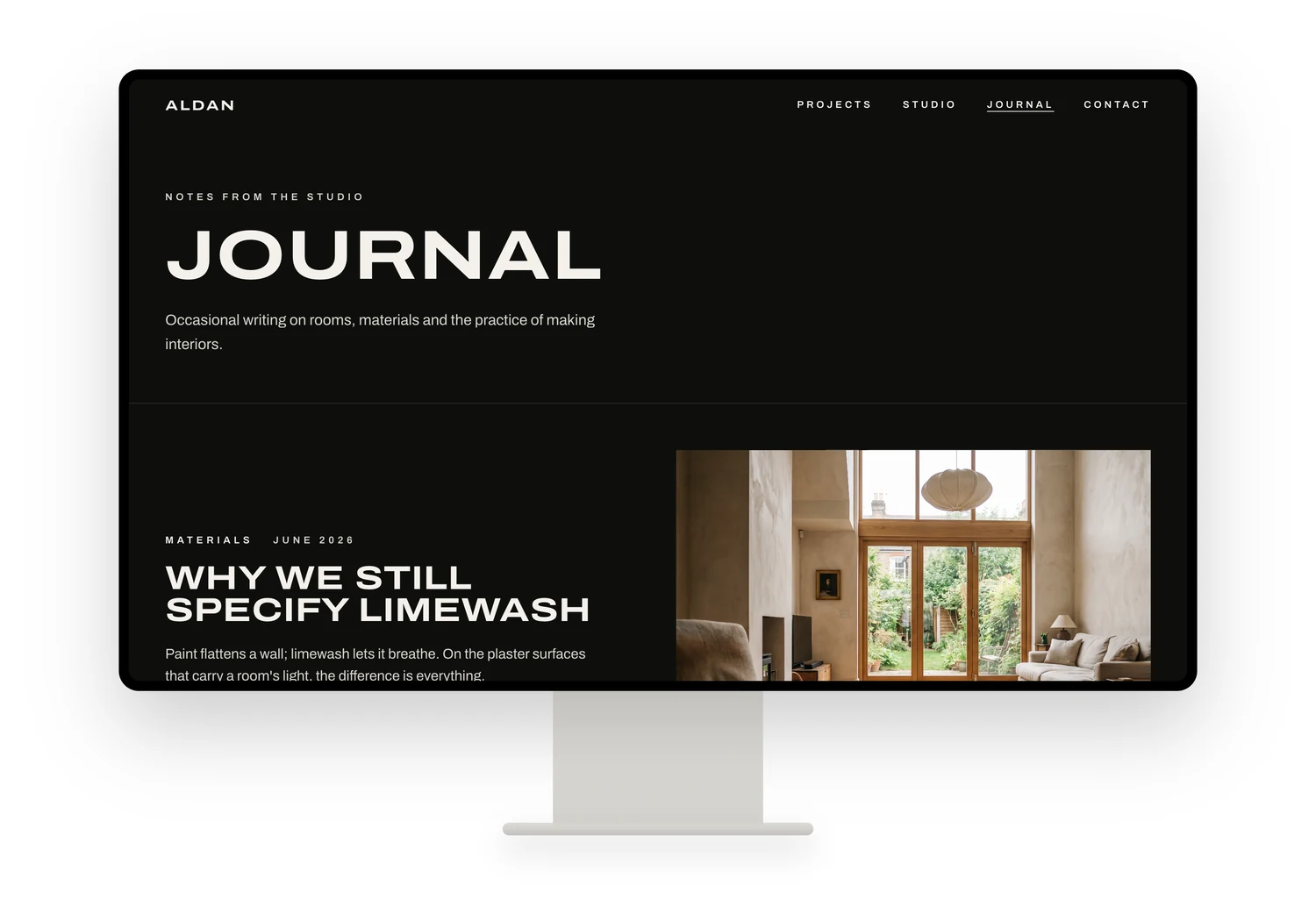 Basalt template journal page on a large display — an editorial article index with category and date labels
