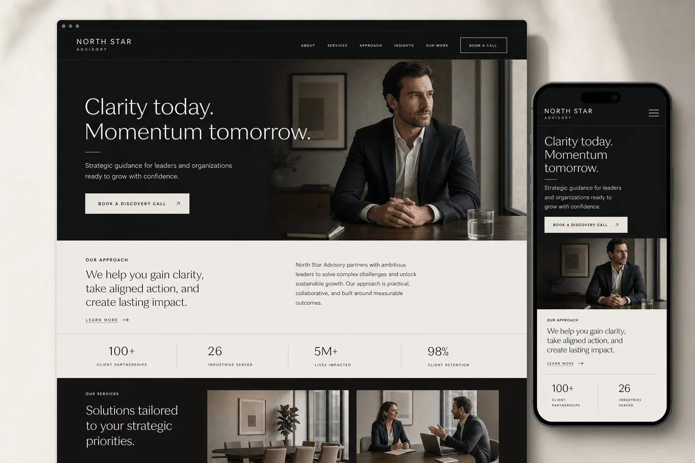 Clarity Today template — premium Squarespace website on desktop and mobile for coaches and consultants with strong typography hierarchy.