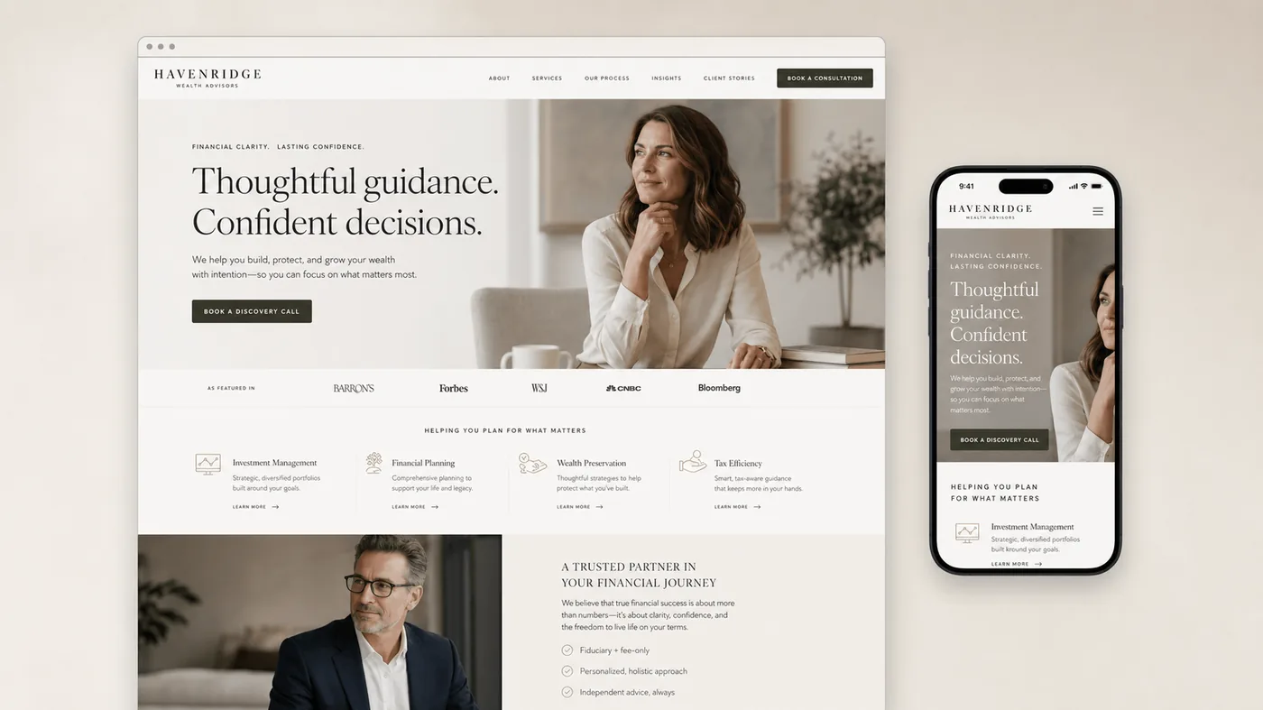 Premium Squarespace template for financial advisors and consultants — desktop and mobile mockup with calm editorial layout.