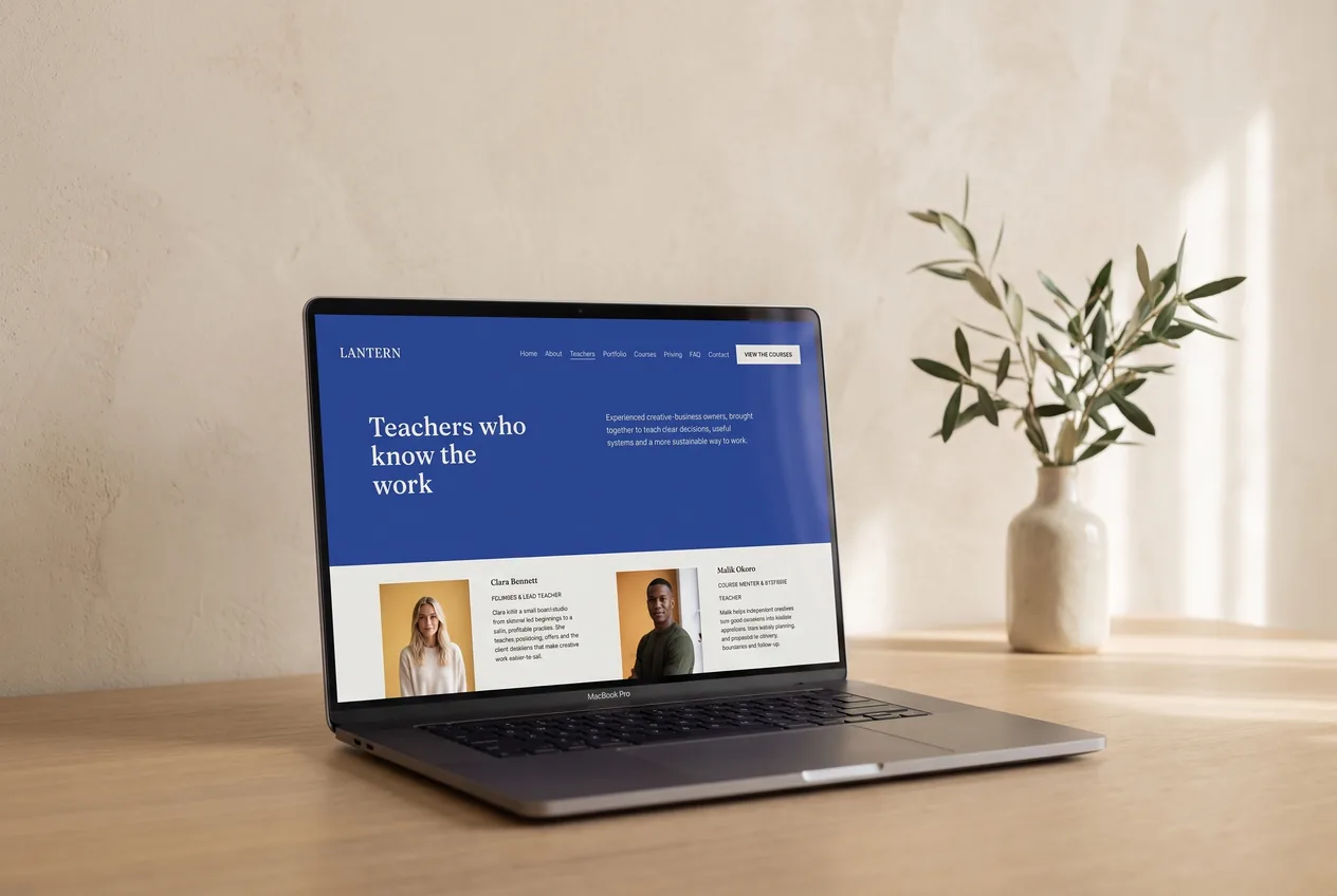 The Lantern template&rsquo;s Client Foundations programme page on a laptop &mdash; an outcome-led sales page for a six-week course