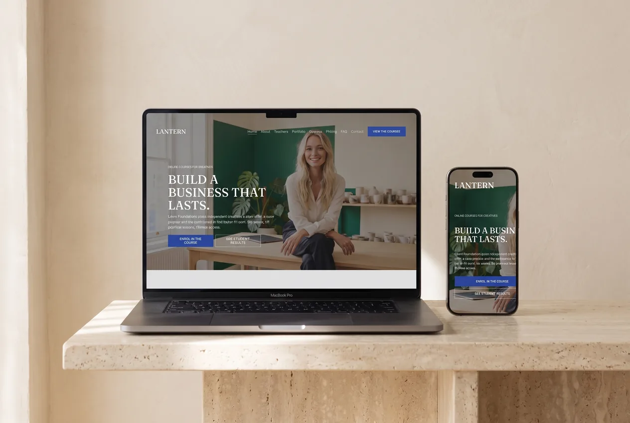 The Lantern template homepage on a laptop and iPhone side by side &mdash; the same warm editorial hero on both screens