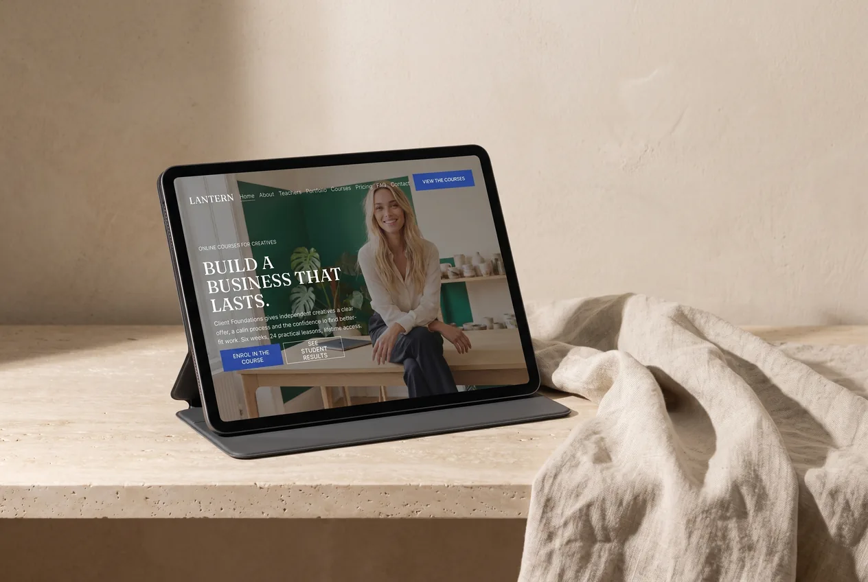 The Lantern template homepage on a tablet &mdash; the offer explained in a calm editorial layout