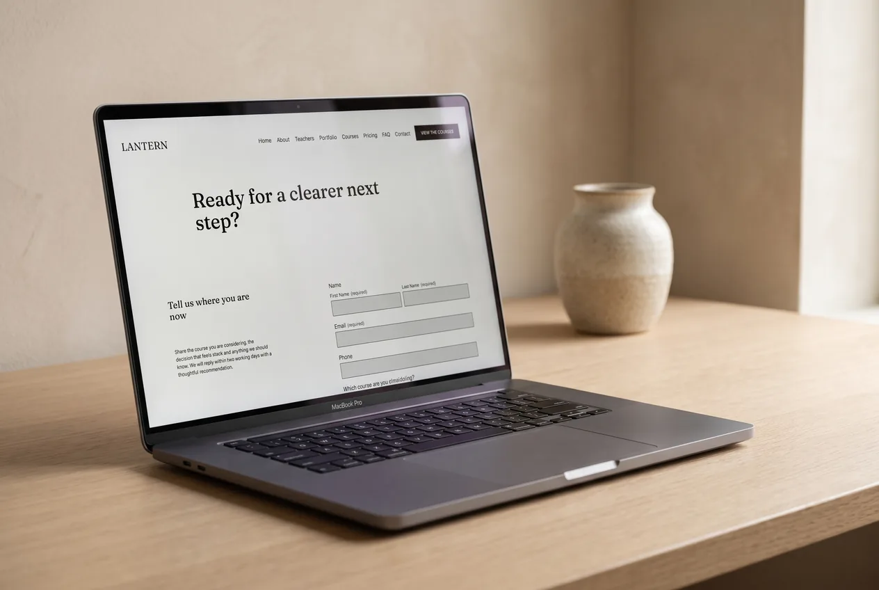 Lantern template enquiry page on a laptop &mdash; &lsquo;Ready for a clearer next step?&rsquo; with a qualifying enrolment enquiry form