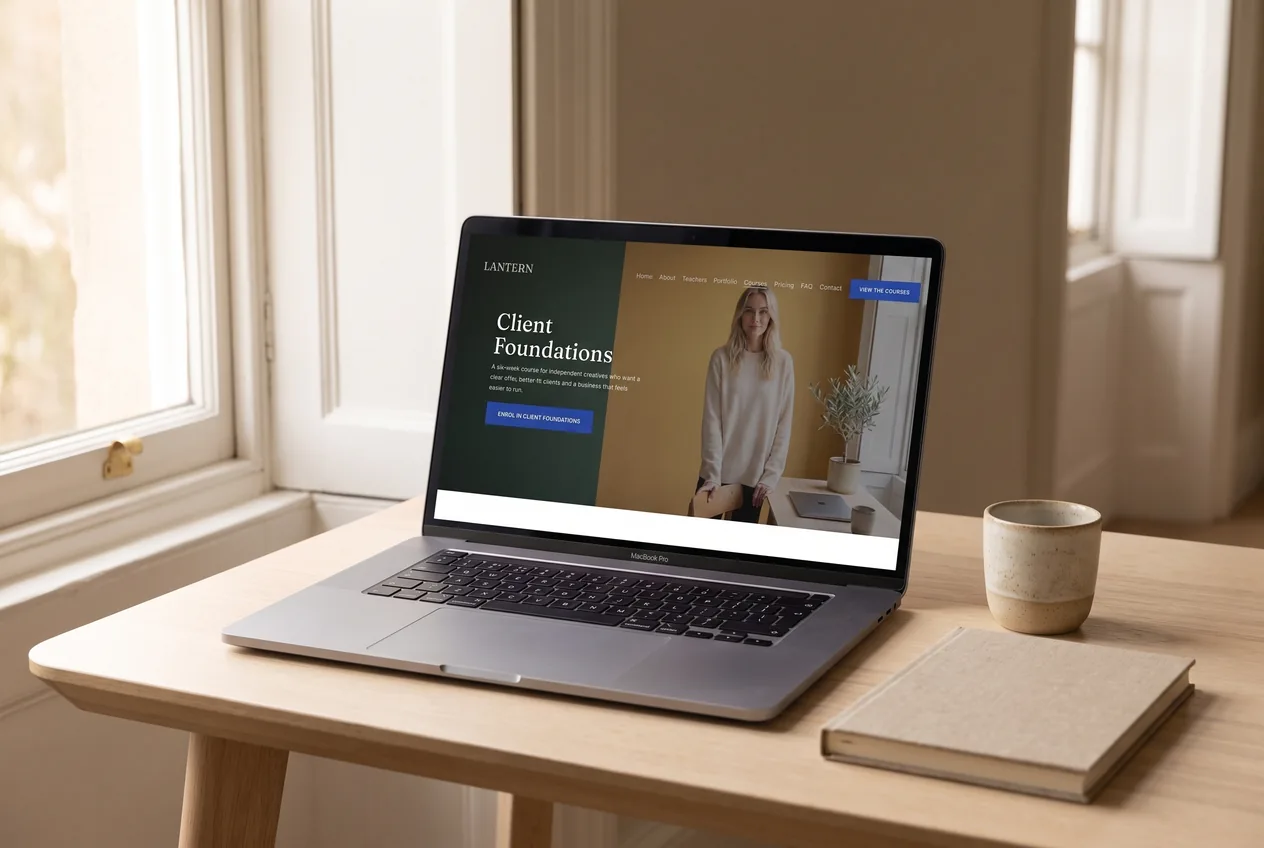 The Lantern template&rsquo;s Client Foundations programme page on a laptop &mdash; an outcome-led sales page for a six-week course