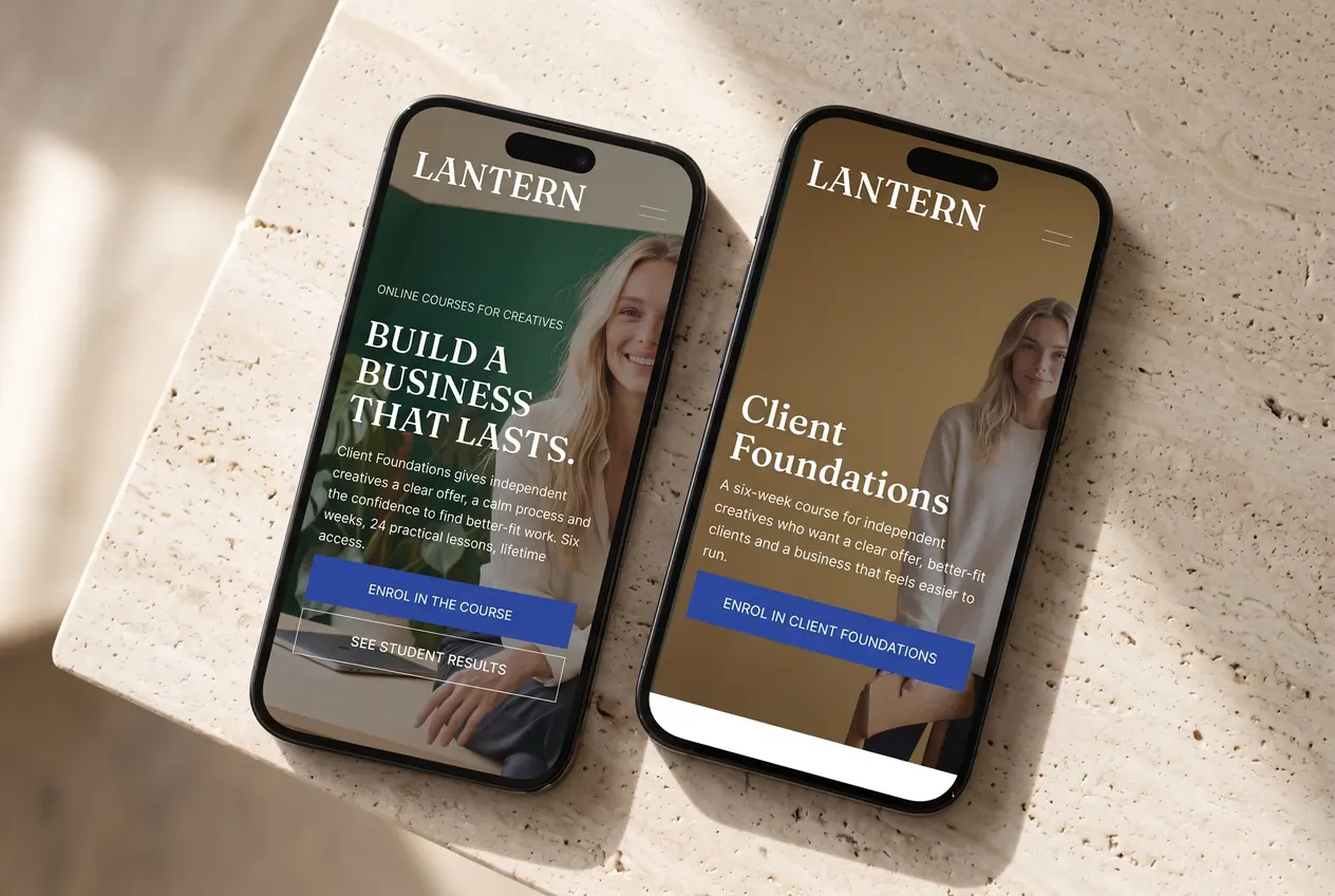 Two iPhones on warm stone showing the Lantern template&rsquo;s mobile homepage and programme page