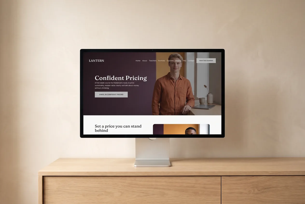 Lantern template pricing page on a large display &mdash; &lsquo;Confident Pricing&rsquo; laid out so every programme and payment option is comparable