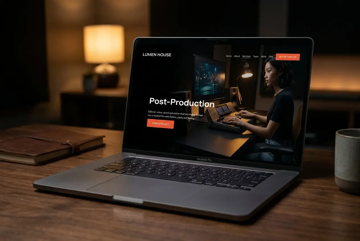 Lumen House template Post-Production service page on a laptop &mdash; a dark editorial layout for edit, grade and sound