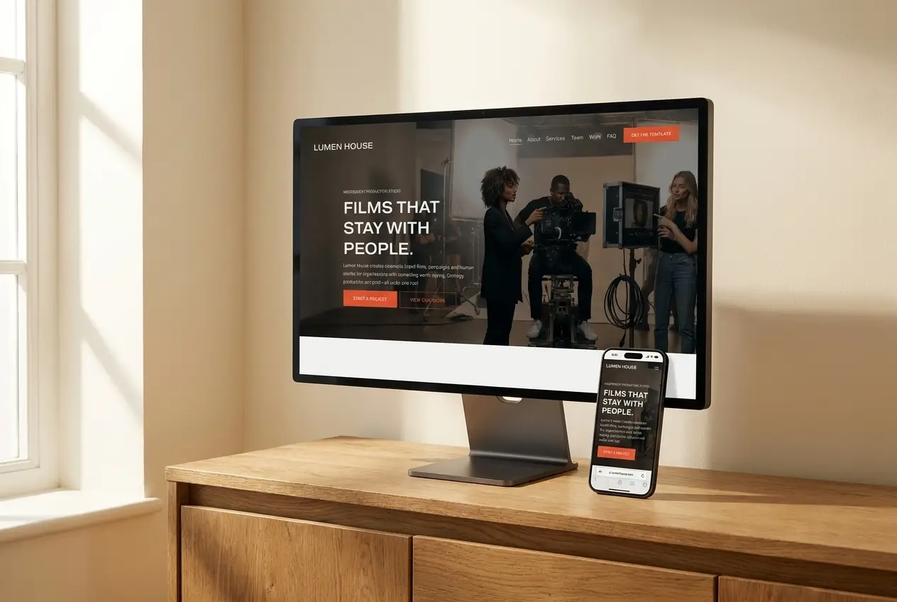 The Lumen House template homepage on a desktop monitor and iPhone side by side &mdash; the same cinematic hero on both screens