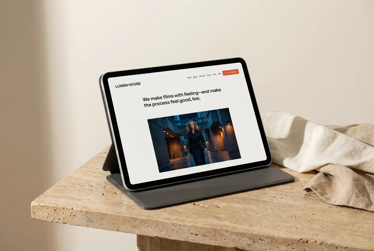 The Lumen House template about page on a tablet &mdash; the studio&rsquo;s story told in a calm editorial layout