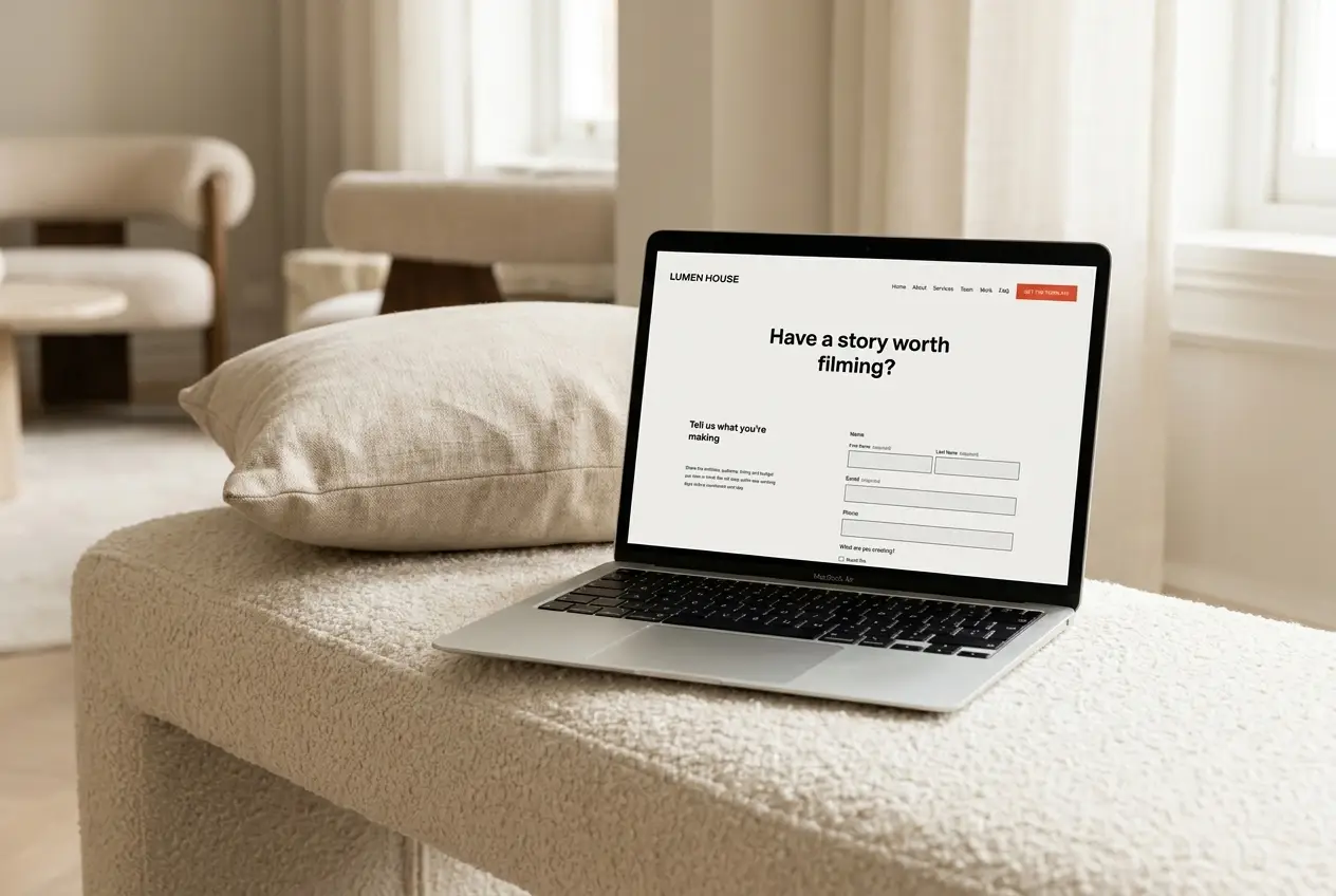 Lumen House template contact page on a laptop &mdash; &lsquo;Have a story worth filming?&rsquo; with a pre-qualifying project enquiry form