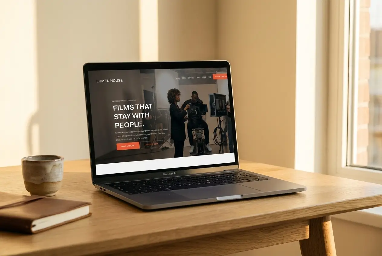 The Lumen House template homepage on a laptop &mdash; a dark cinematic hero with the headline &lsquo;Films that stay with people&rsquo;