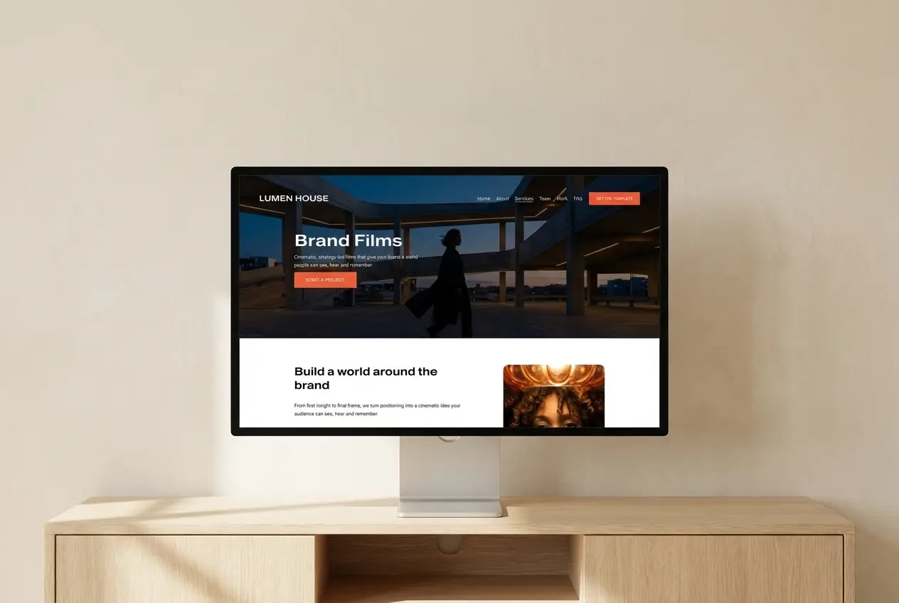 Lumen House template Brand Films service page on a large display &mdash; cinematic layouts for a video production studio's flagship service