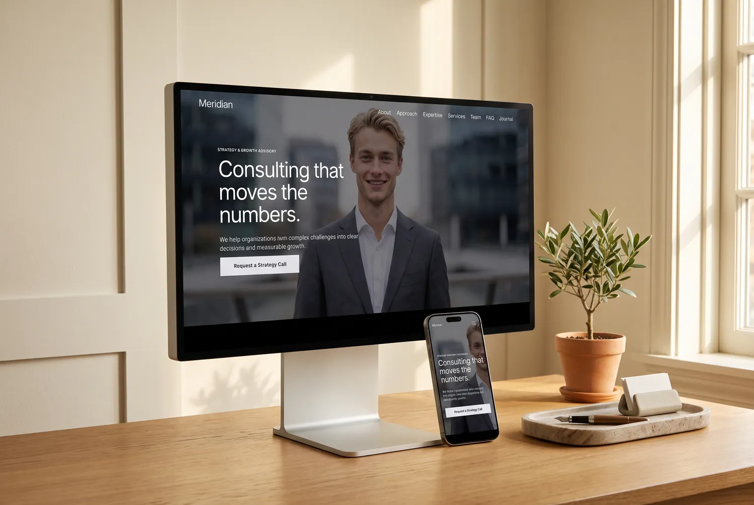 The Meridian template homepage on a desktop monitor and iPhone side by side &mdash; the same dark advisory hero on both screens