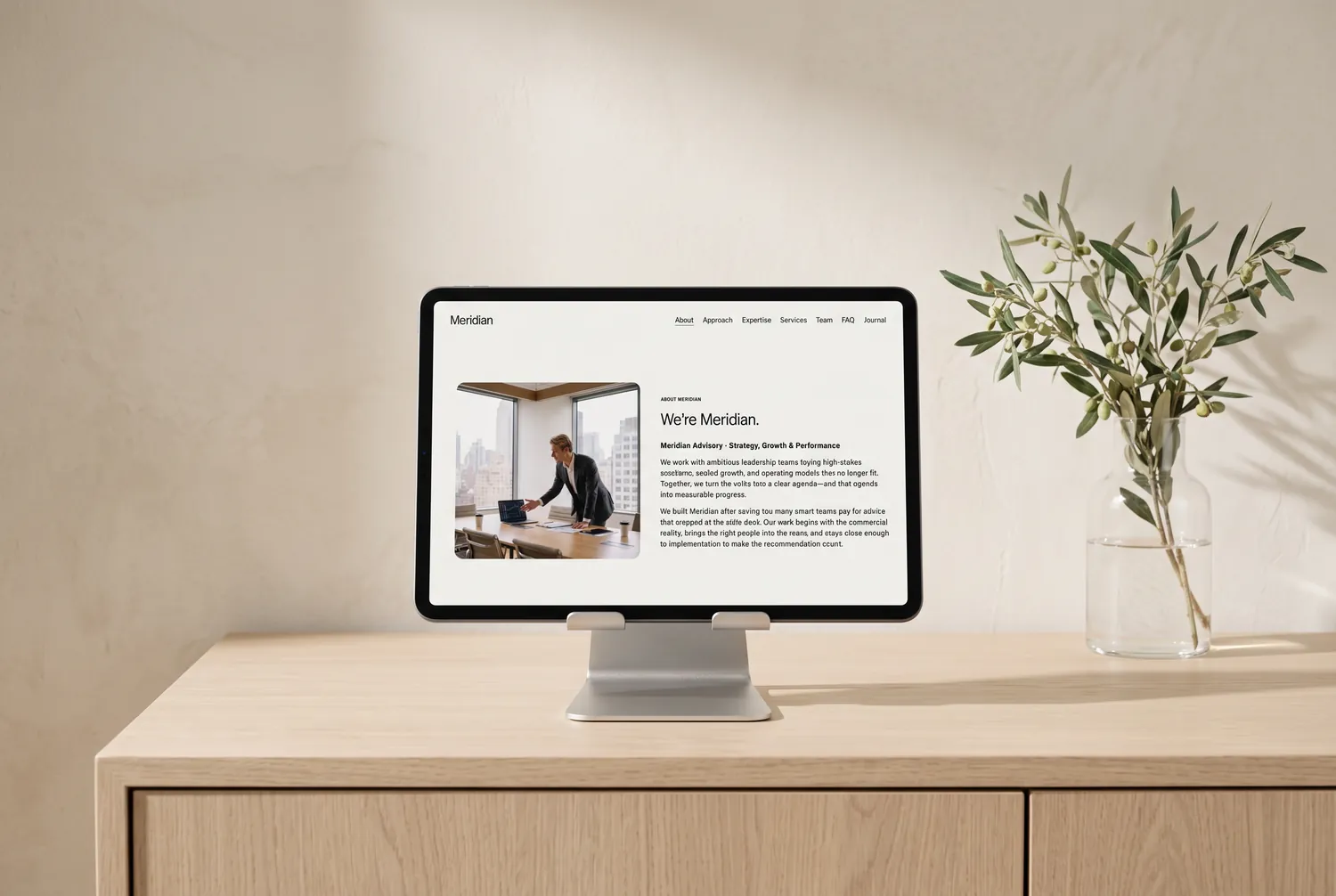 The Meridian template about page on a tablet — &lsquo;We turn complexity into results&rsquo; with advisory stats