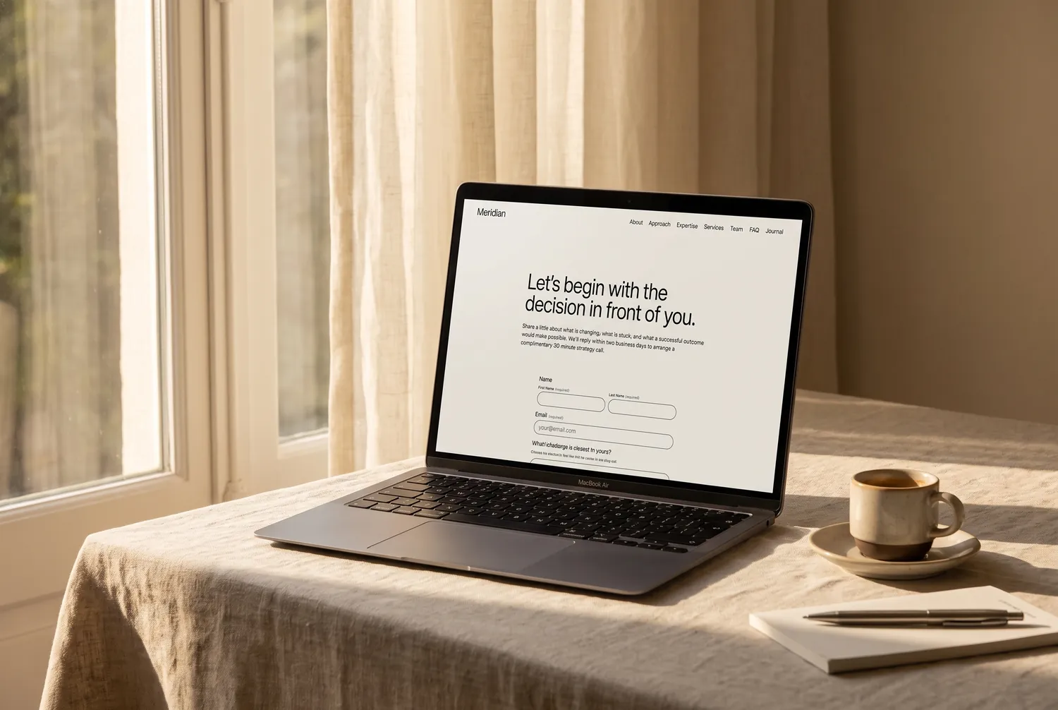Meridian template contact page on a laptop — &lsquo;Ready to move the numbers?&rsquo; with a strategy-call enquiry form