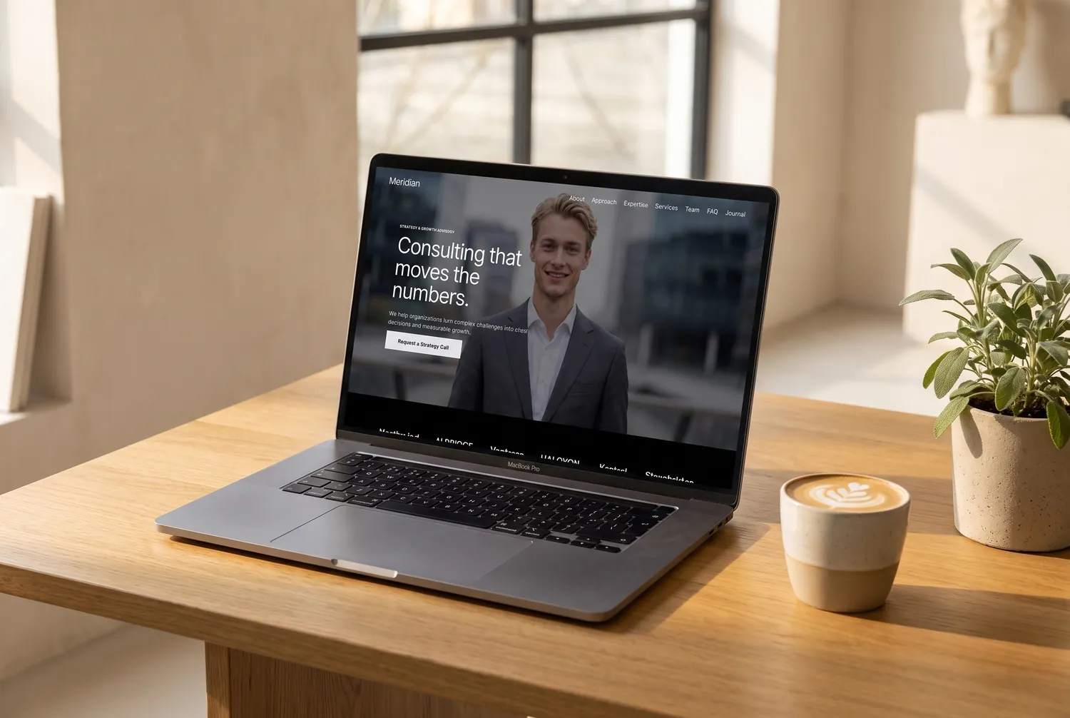The Meridian template homepage on a laptop — a dark hero with the headline &lsquo;Consulting that moves the numbers&rsquo;