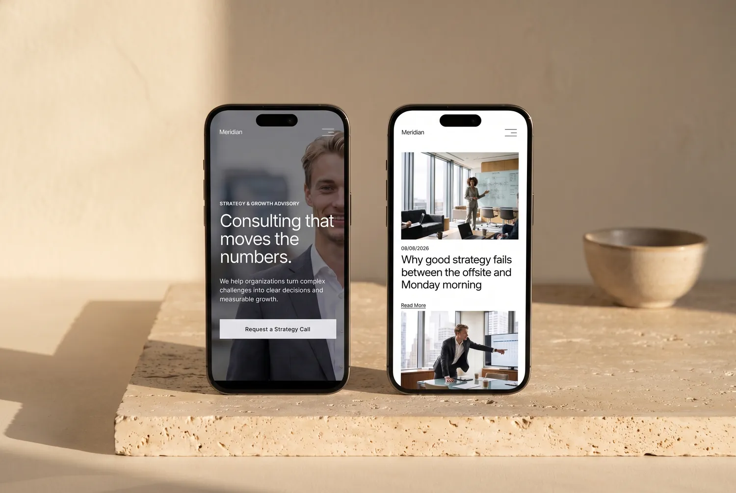 Two iPhones on warm stone showing the Meridian template&rsquo;s mobile homepage and journal page