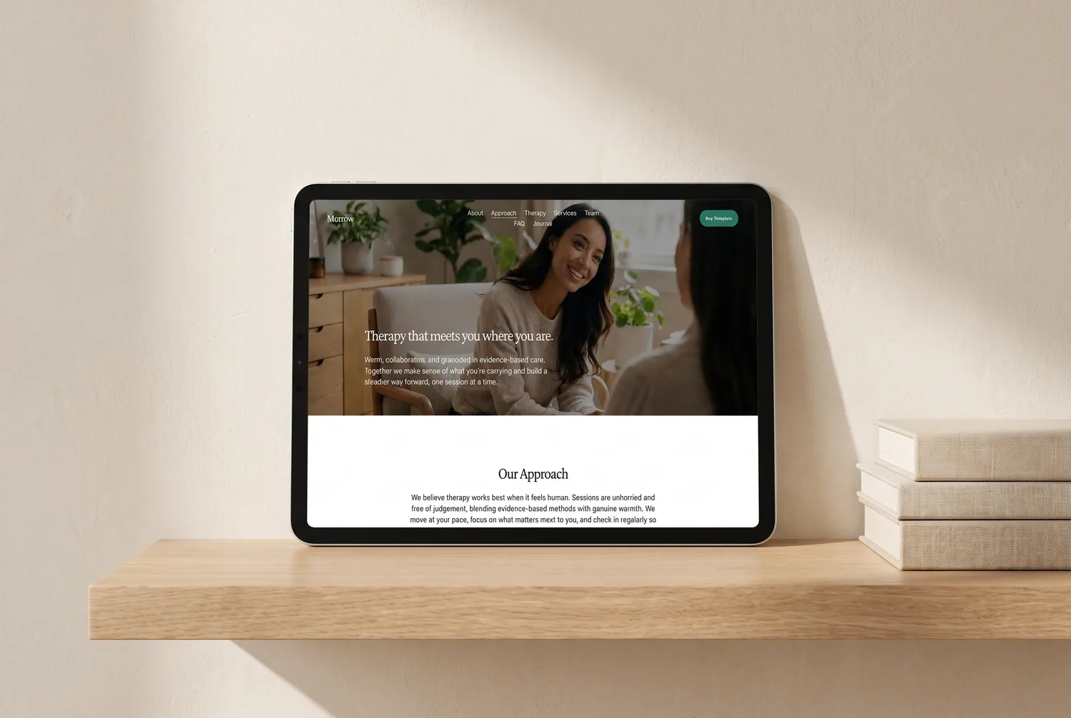 The Morrow template approach page on a tablet — ‘Therapy that meets you where you are’ over a warm consulting-room scene
