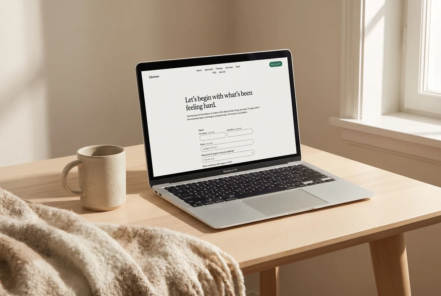 Morrow template contact page on a laptop — a gentle ‘Let’s begin with what’s been feeling hard’ enquiry form for new clients