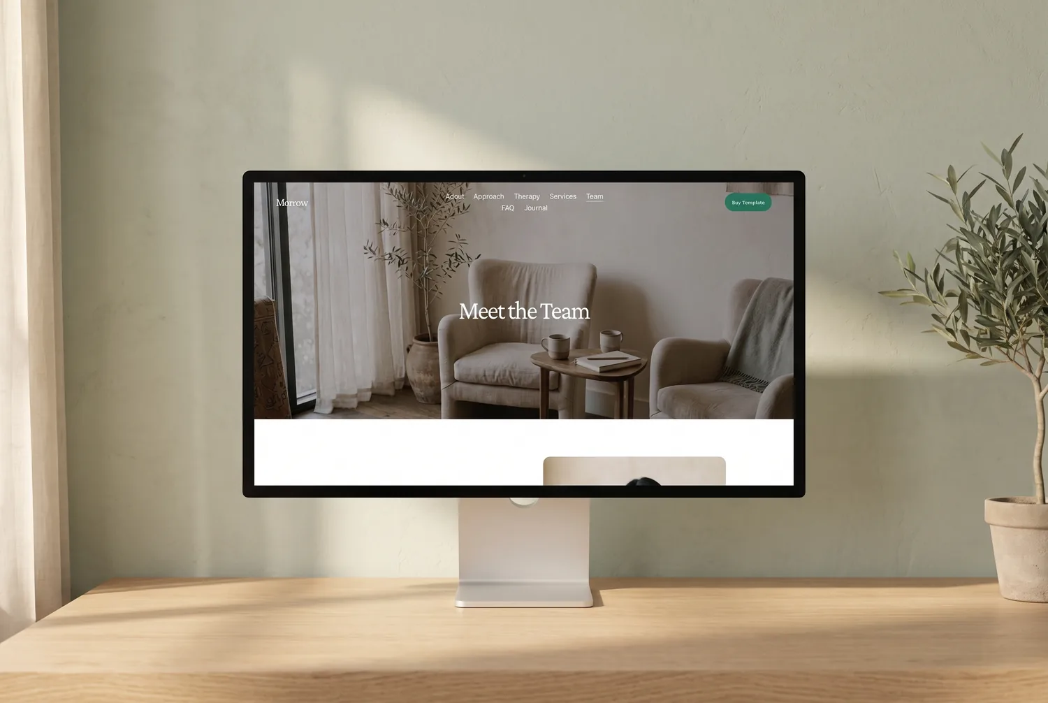 Morrow template team page on a large display — ‘Meet the Team’ over a calm consulting-room photograph
