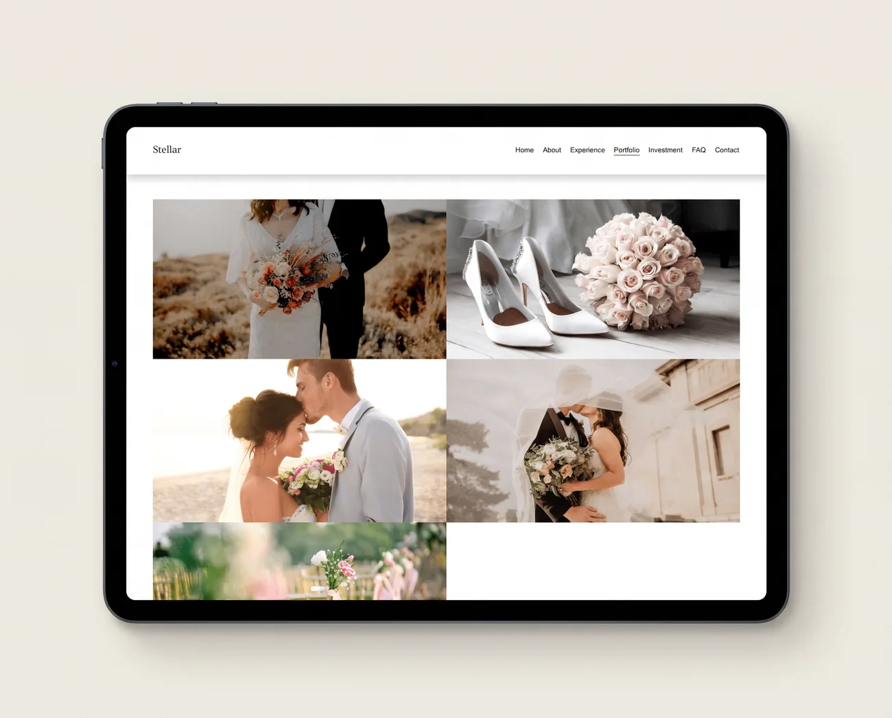 The Stellar template portfolio page shown on a tablet — a wedding photography gallery grid