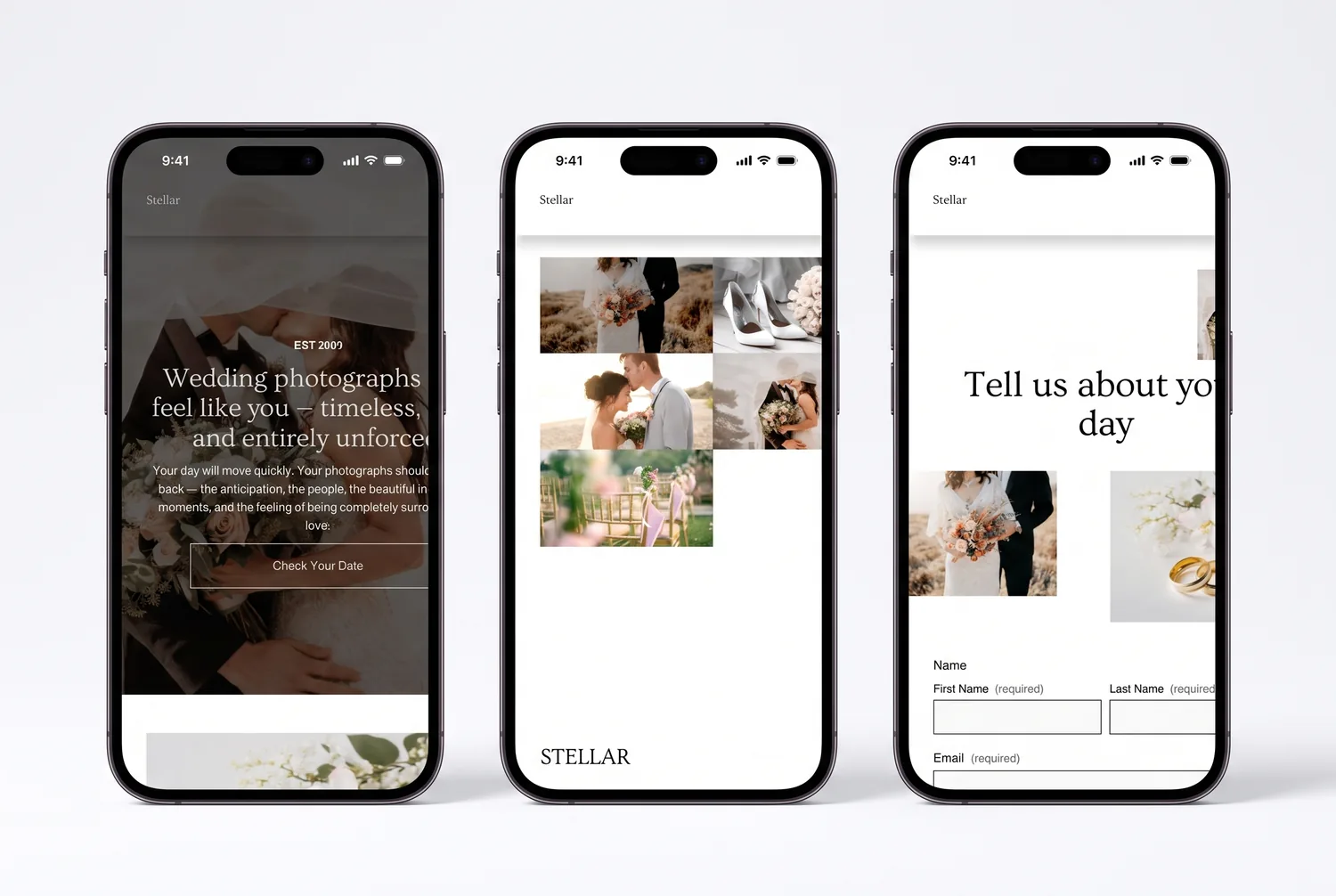 Three mobile screens of the Stellar template — the homepage, the portfolio and the couples&rsquo; enquiry form