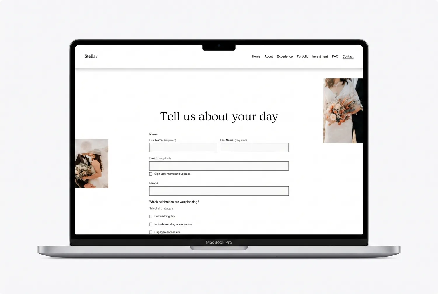 Stellar template contact page on a laptop — a &ldquo;Tell us about your day&rdquo; enquiry form built for couples