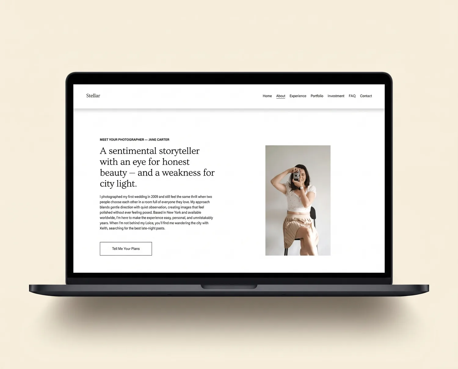 The Stellar template about page on a laptop, introducing the photographer with an editorial portrait and serif headline
