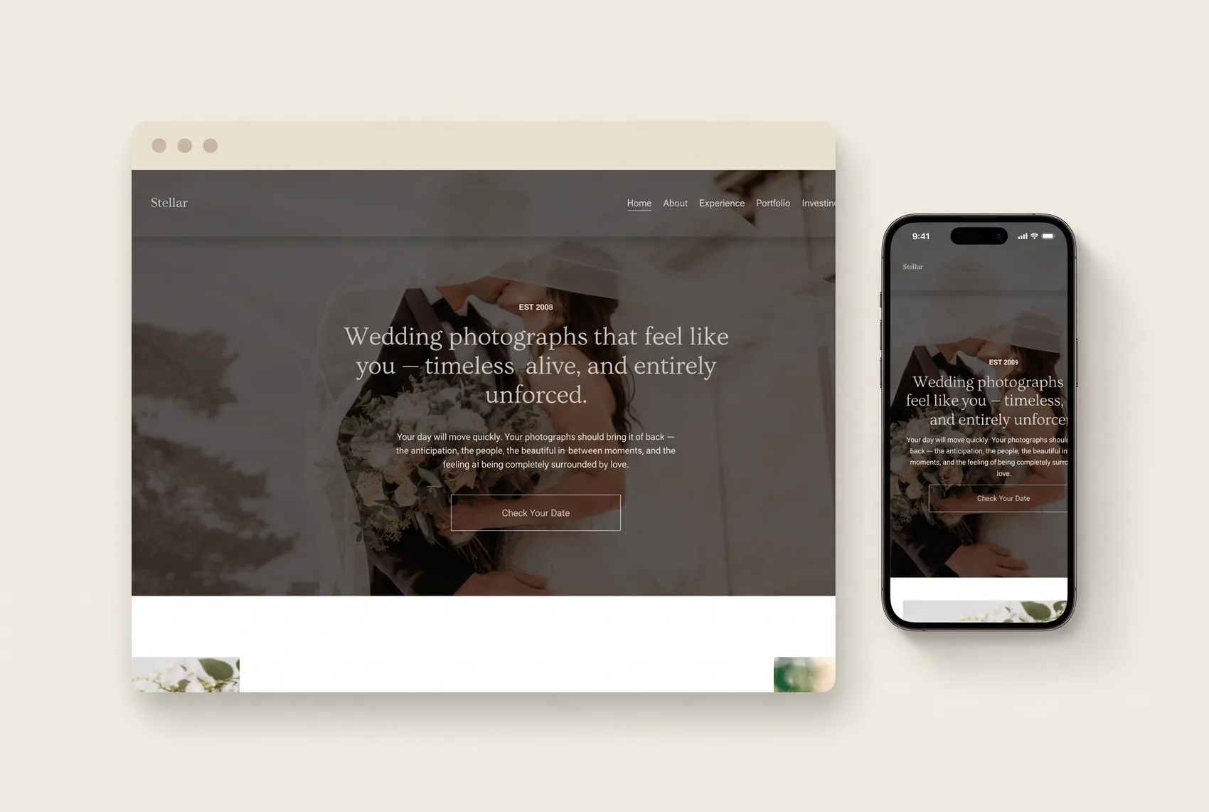 Stellar Squarespace template shown on desktop and mobile — a wedding photographer's homepage with a full-bleed couple photograph and serif editorial headline