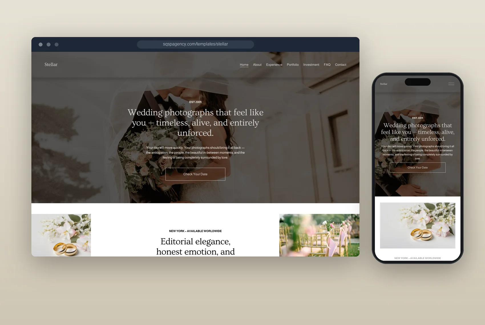 Stellar premium Squarespace template for wedding photographers — gallery-led homepage in a device mockup