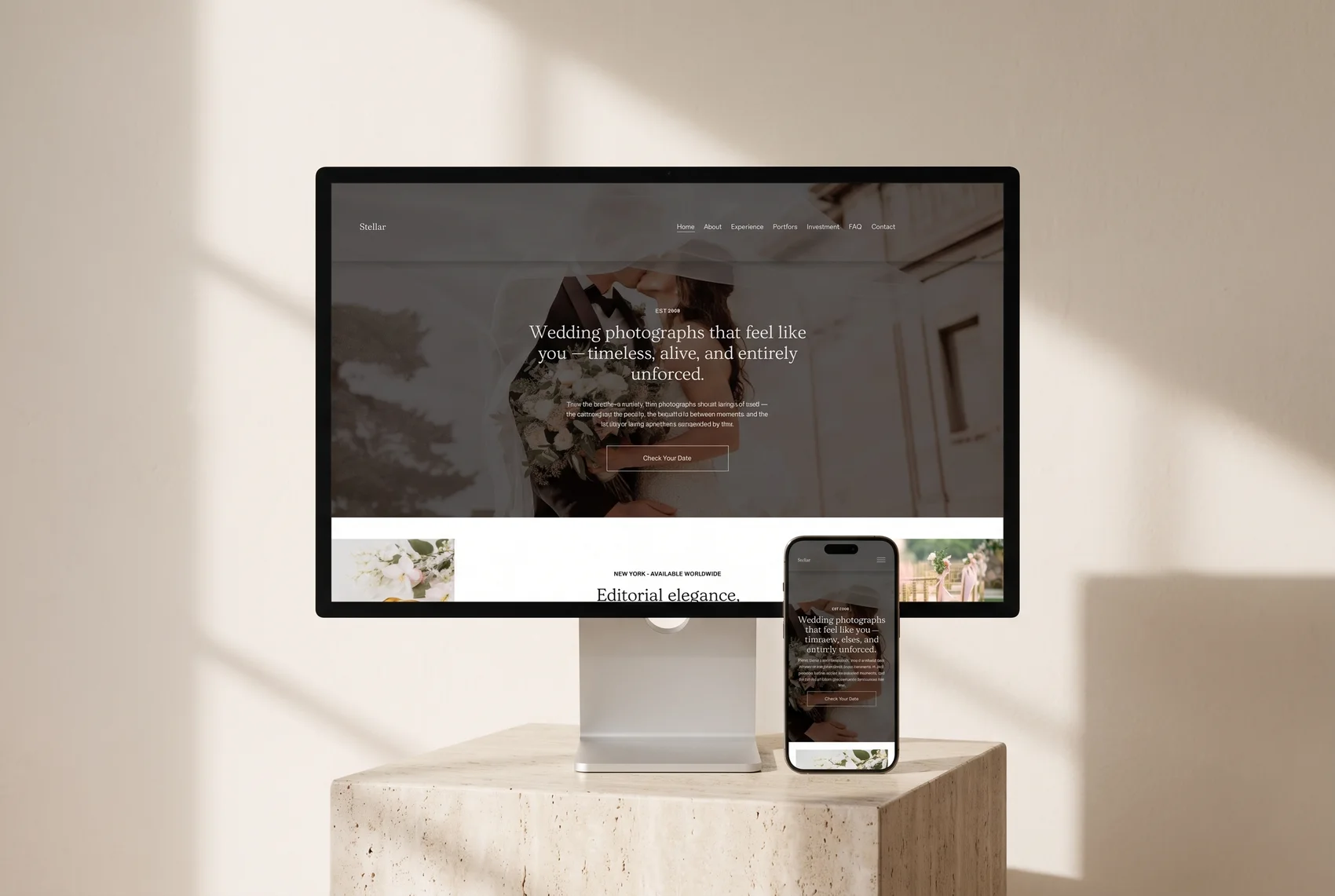 Stellar premium Squarespace template for wedding photographers — gallery-led homepage in a device mockup