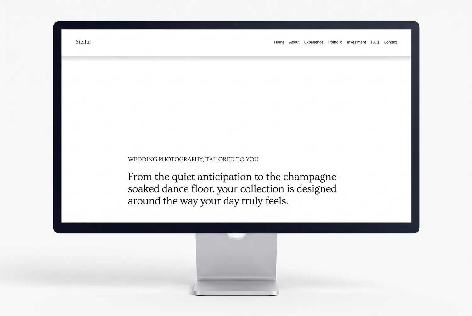 Stellar template experience page on a large display — an editorial introduction to the wedding-day experience