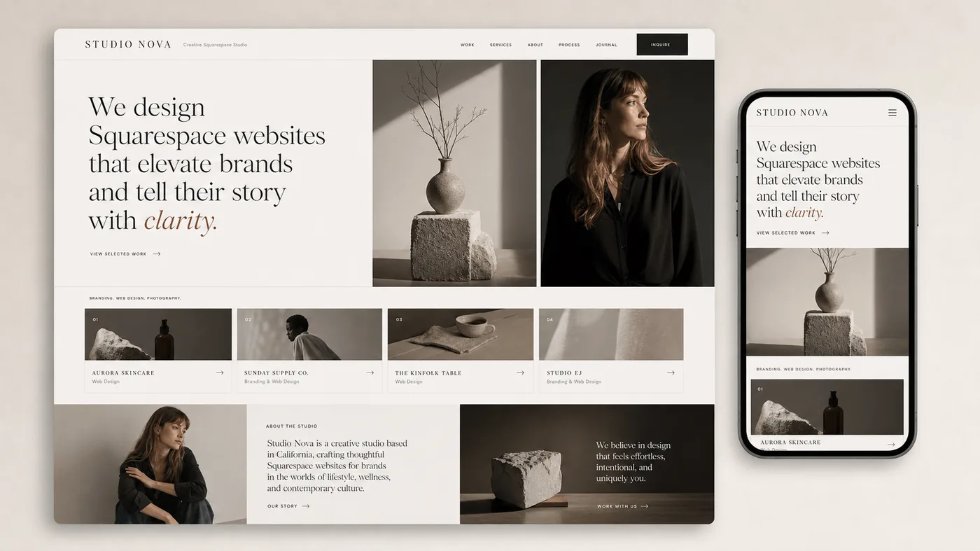 Studio Nova premium Squarespace template — desktop and mobile mockup with modern minimalist editorial design and clear brand storytelling.