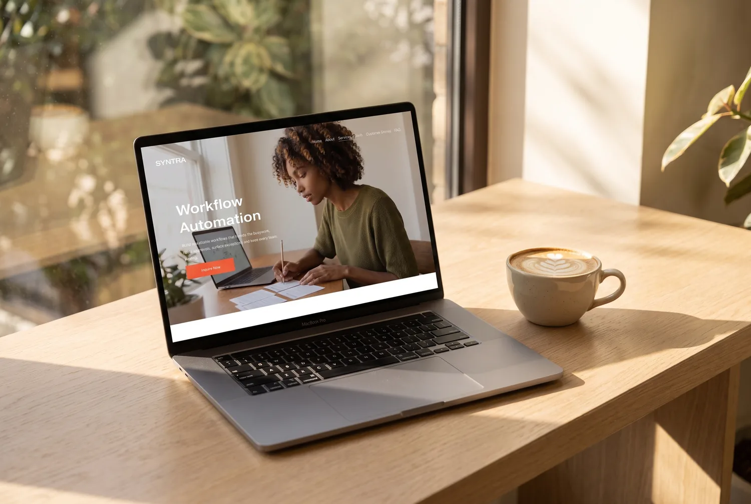 Syntra template Workflow Automation service page on a laptop — a dark hero with an &lsquo;Inquire Now&rsquo; call to action