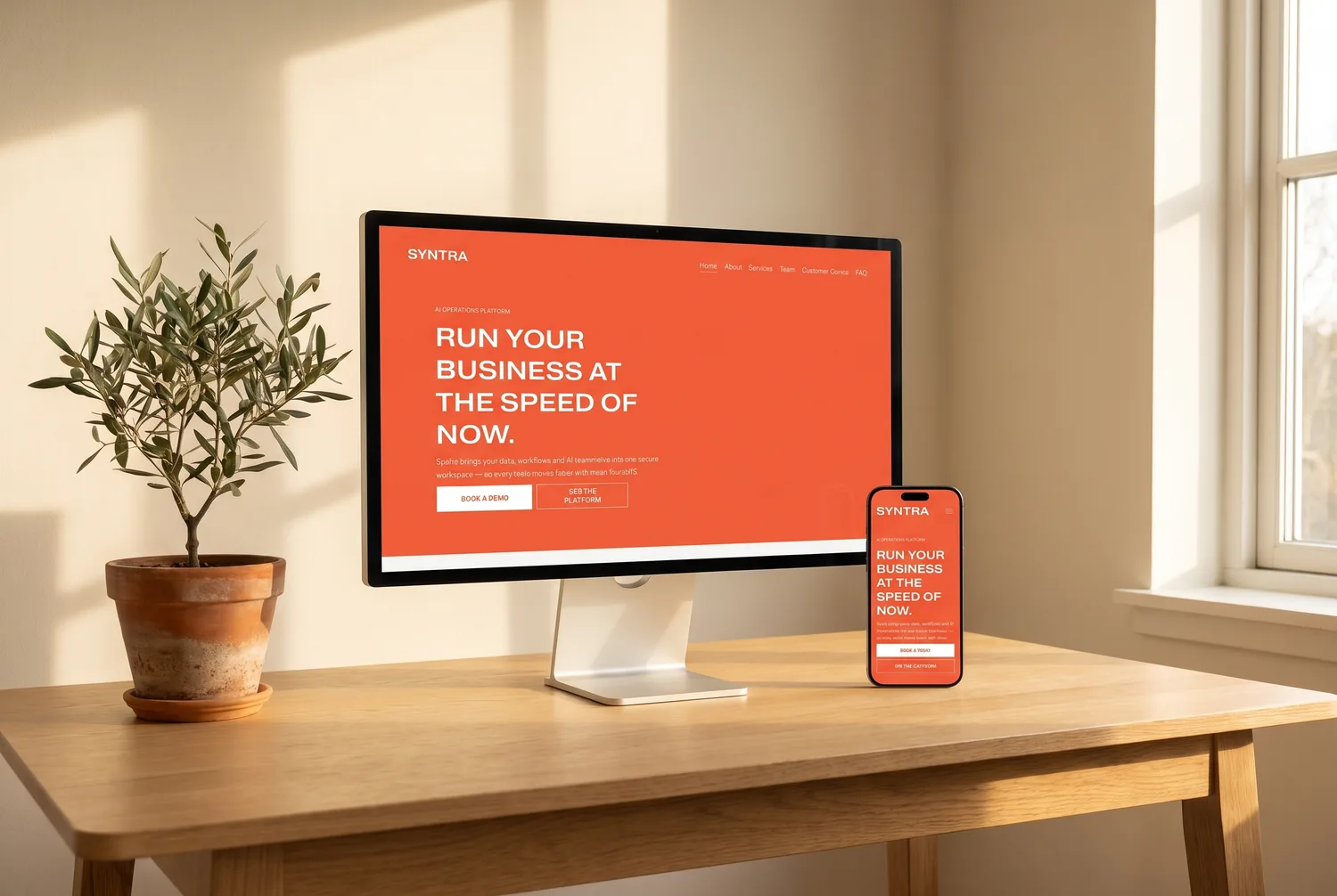 The Syntra template homepage on a desktop monitor and iPhone side by side &mdash; the same coral product hero on both screens