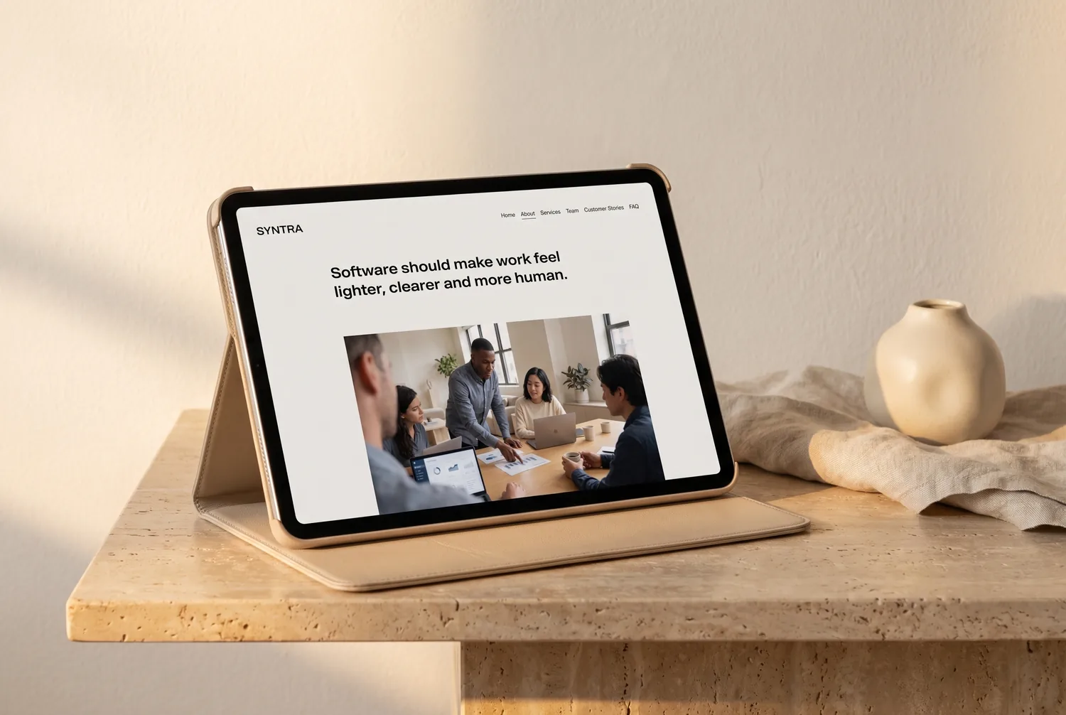 The Syntra template about page on a tablet — &lsquo;Software should make work feel lighter, clearer and more human&rsquo;