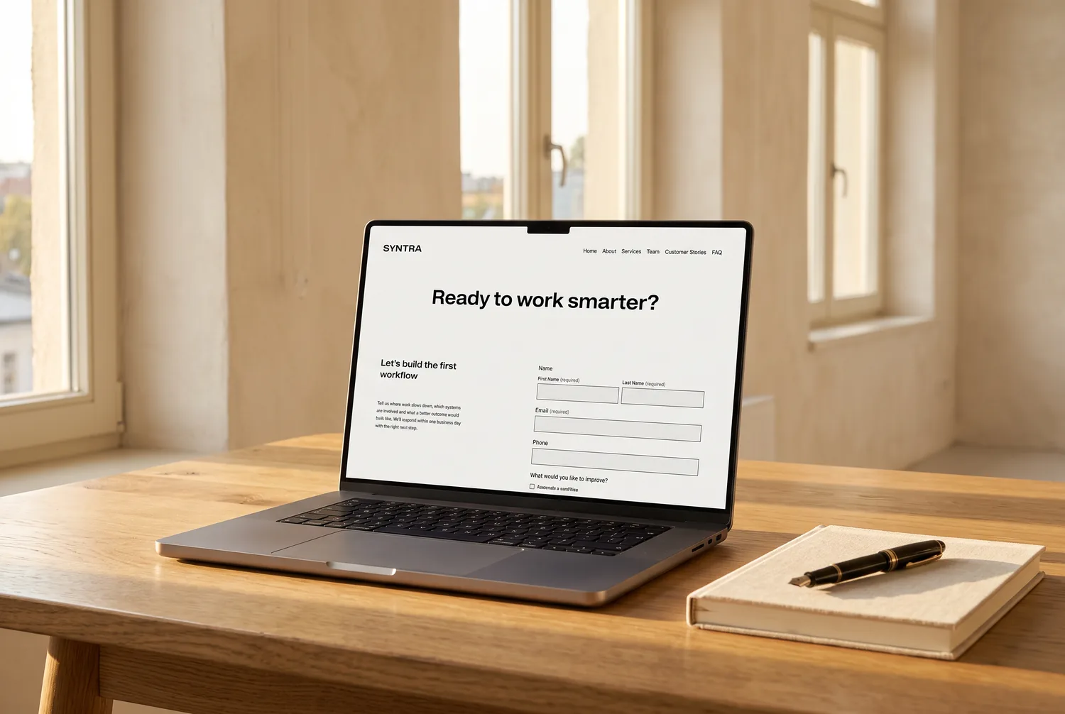 Syntra template contact page on a laptop — &lsquo;Ready to work smarter?&rsquo; with a pre-qualifying demo enquiry form