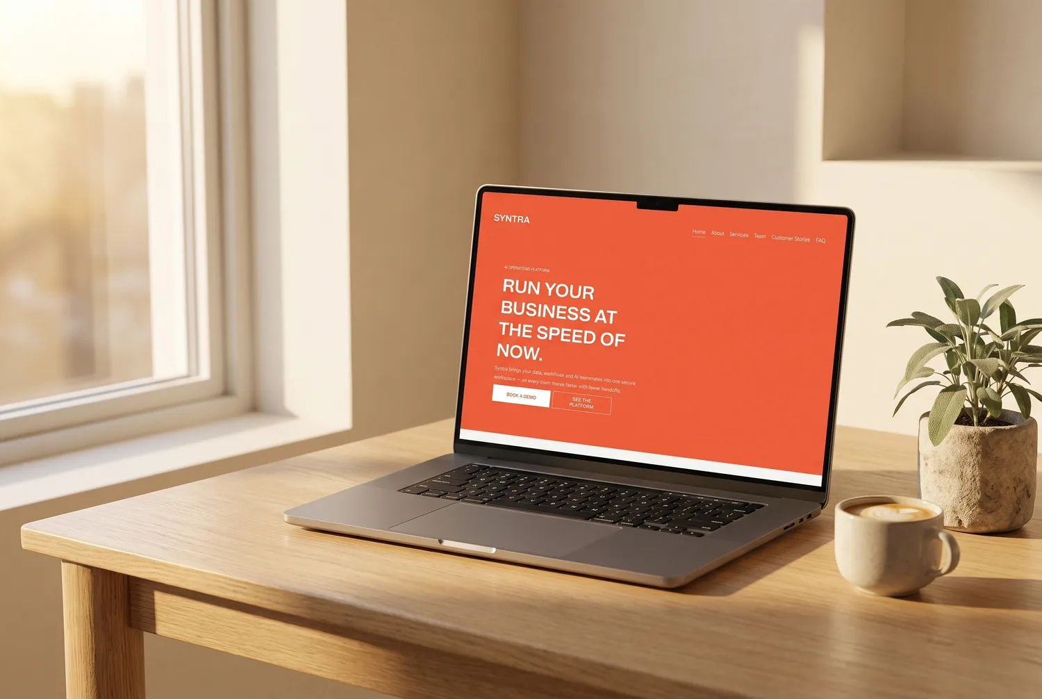 The Syntra template homepage on a laptop — a coral hero with the headline &lsquo;Run your business at the speed of now&rsquo;